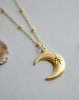 Crescent Moon Necklace with Star Set White Sapphire - Magpie Jewellery