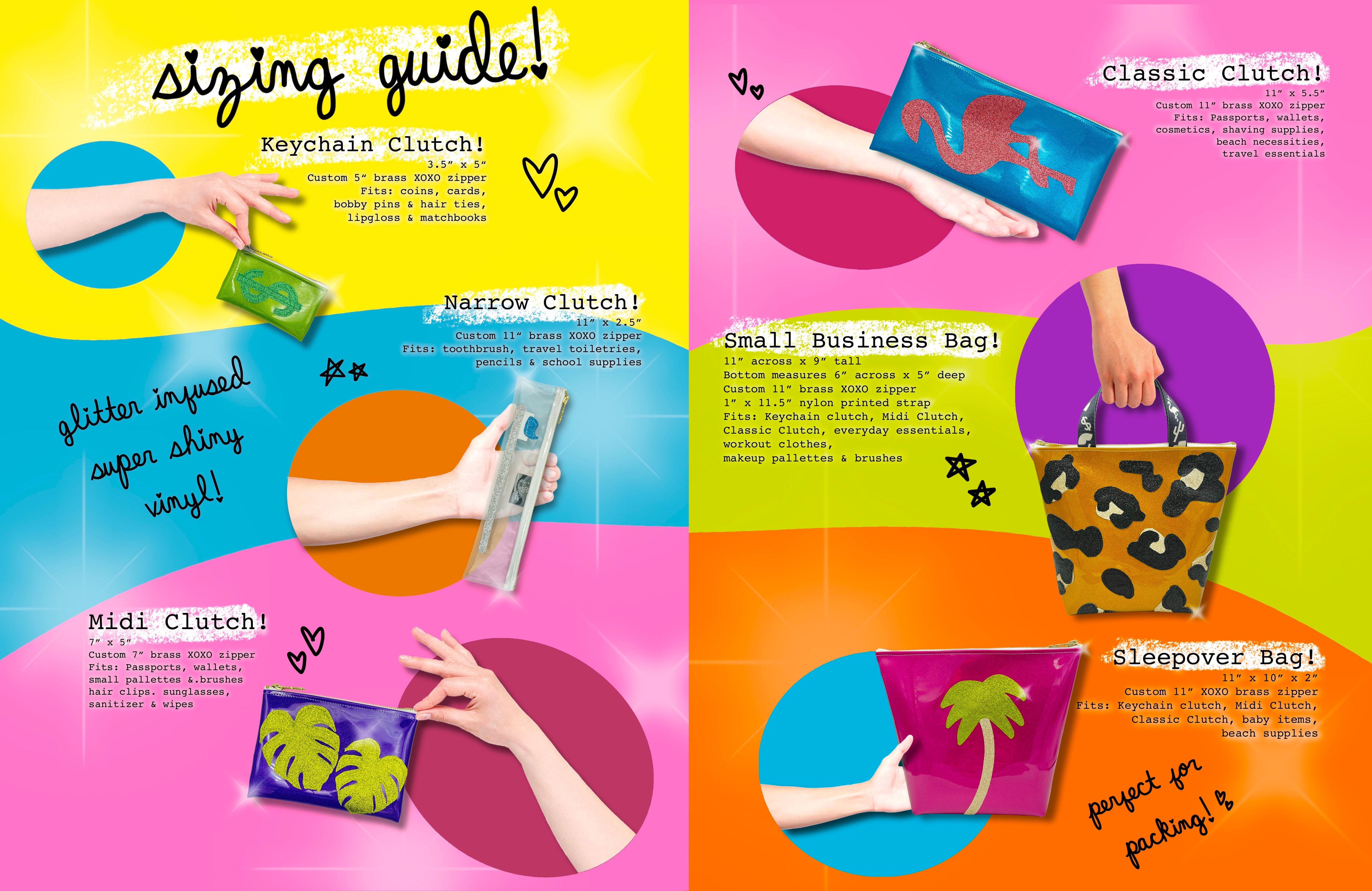 Sizing guide for super cute glitter vinyl clutches, makeup bags and pouches by julie mollo