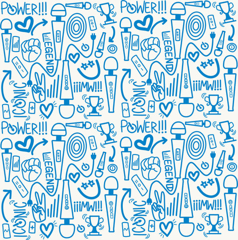 Magic wand vibrator print by Julie mollo power legend iconic energetic fun print in blue and white with personal massagers doodles hearts and arrows, happy faces and fun