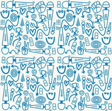 Magic wand vibrator print by Julie mollo power legend iconic energetic fun print in blue and white with personal massagers doodles hearts and arrows, happy faces and fun