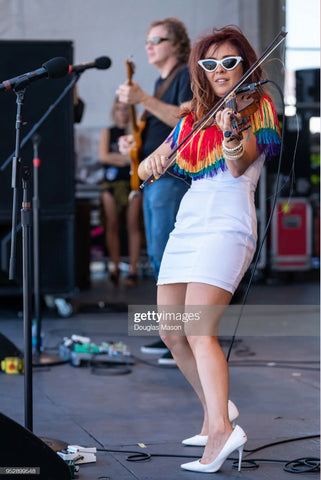 rainbow fringe dress by costume designer julie mollo on fiddler amanda shaw on stage