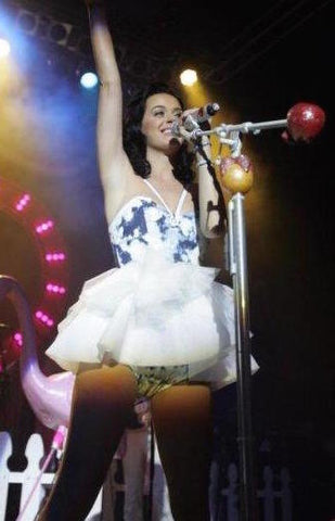katy Perry performing live wearing acid washed leotard dress with tutu and zipper straps by Julie Mollo