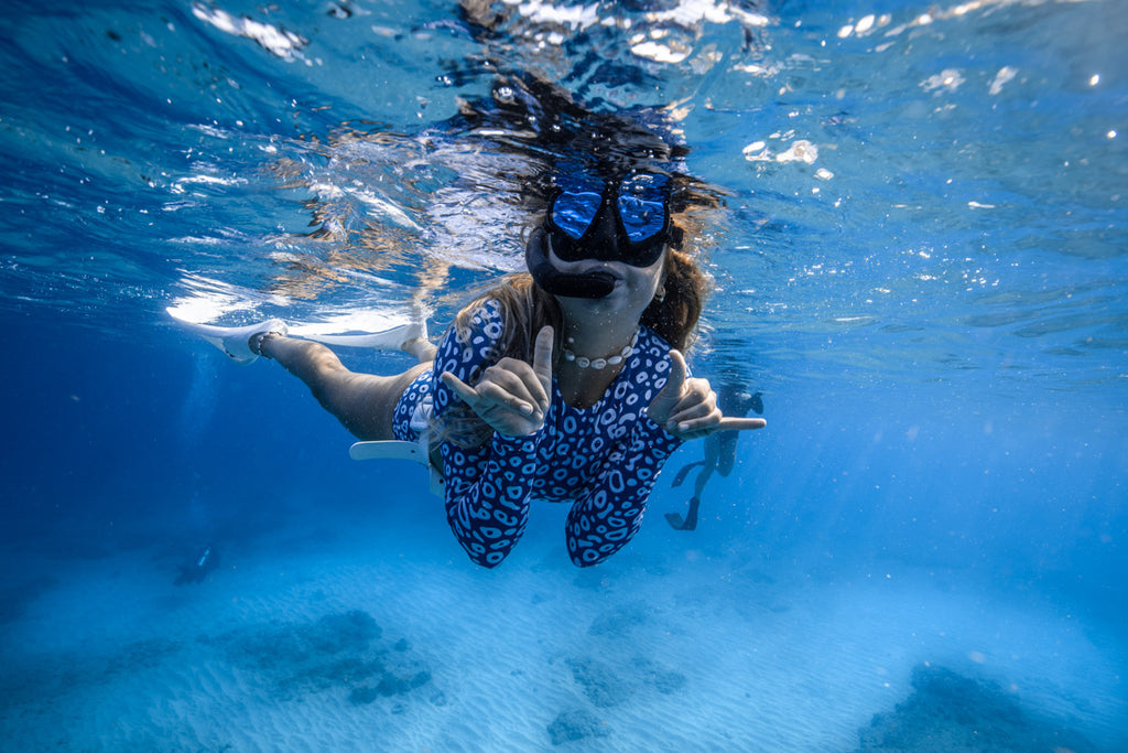 Salty Water Woman Free Diving in Elations recycled swimwear