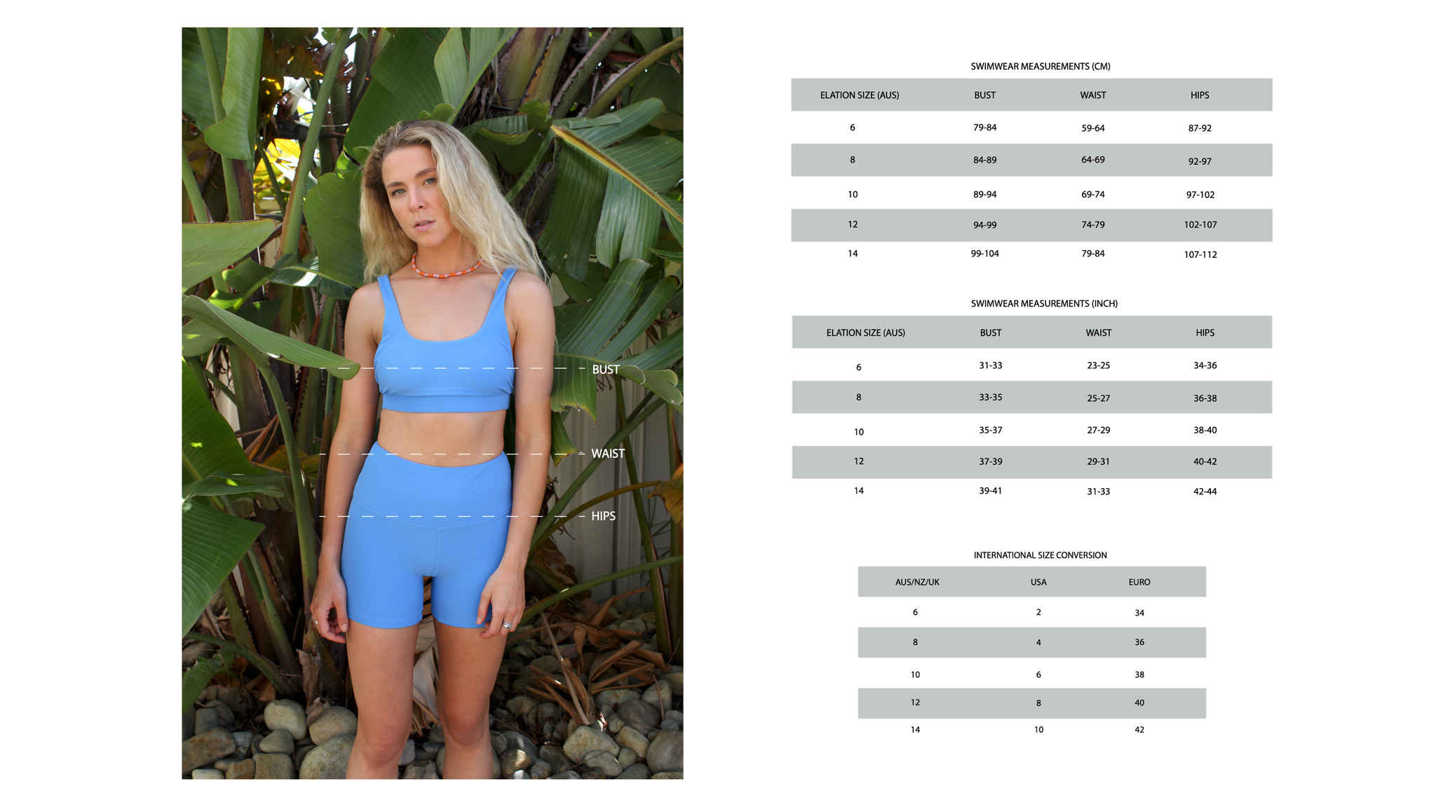 Elation swimwear size chart.