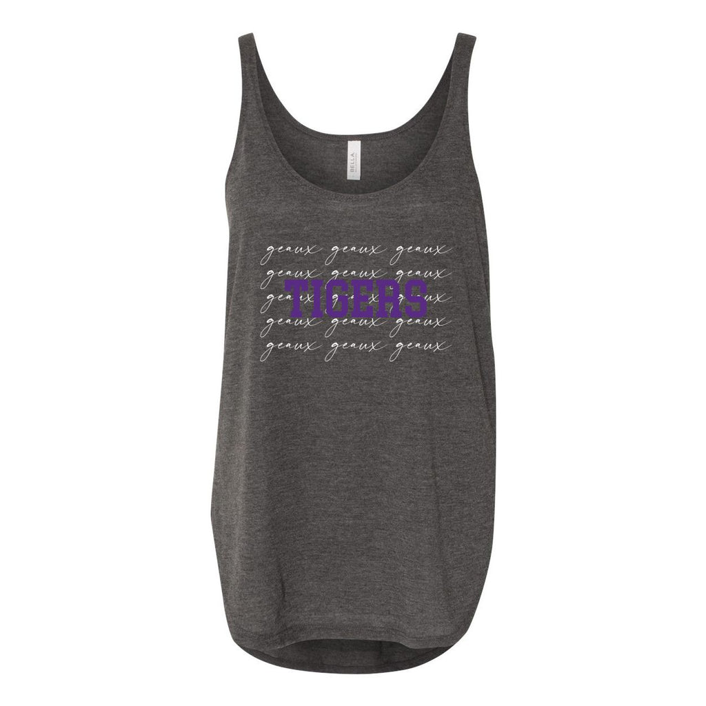 Louisiana State University College Script Women's Flowy Tank with Side Slit in Charcoal