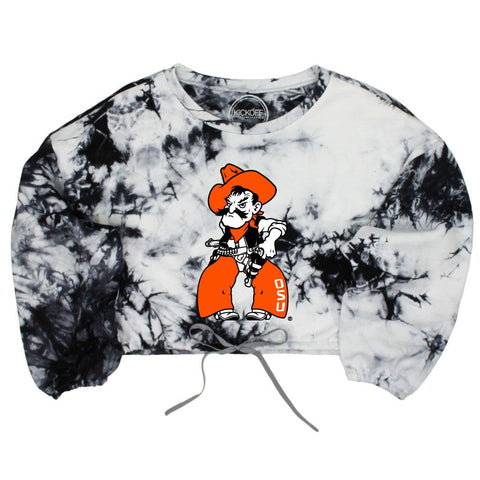 Oklahoma State University Endzone Tie-Dye Crop Pullover in Black & White