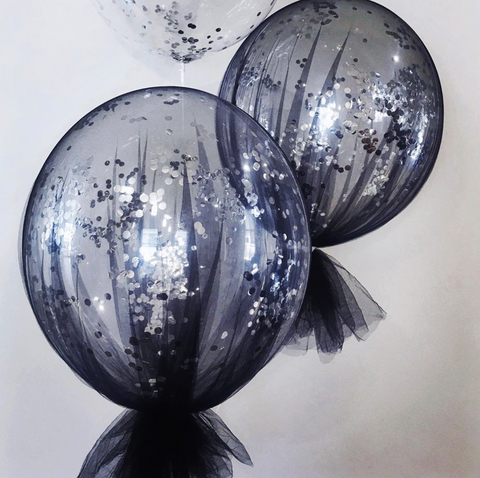 black tulle balloons with silver confetti