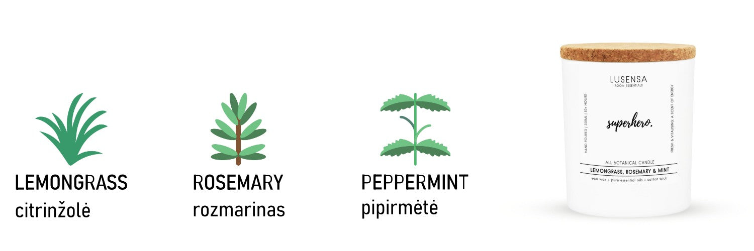 LUSENSA | Prabangi kvepianti namų žvakė "SUPERHERO" pagaminta iš ekologiško rapsu vaško su natūraliais eteriniais aliejais - AurelijosSPA