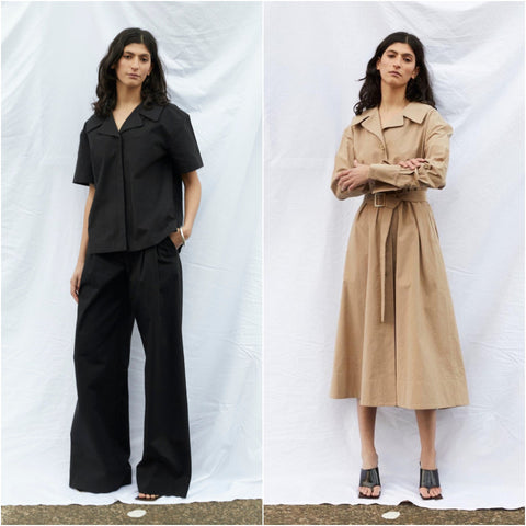 Model in black shirt and black trousers. Model in shirtdress.