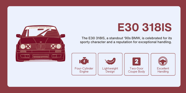Infographic breaks down the key differentiators of the BMW E30 318IS race car.