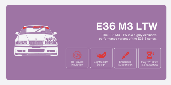 Infographic breaks down key differentiators of the BMW E36 M3 LTW race car.