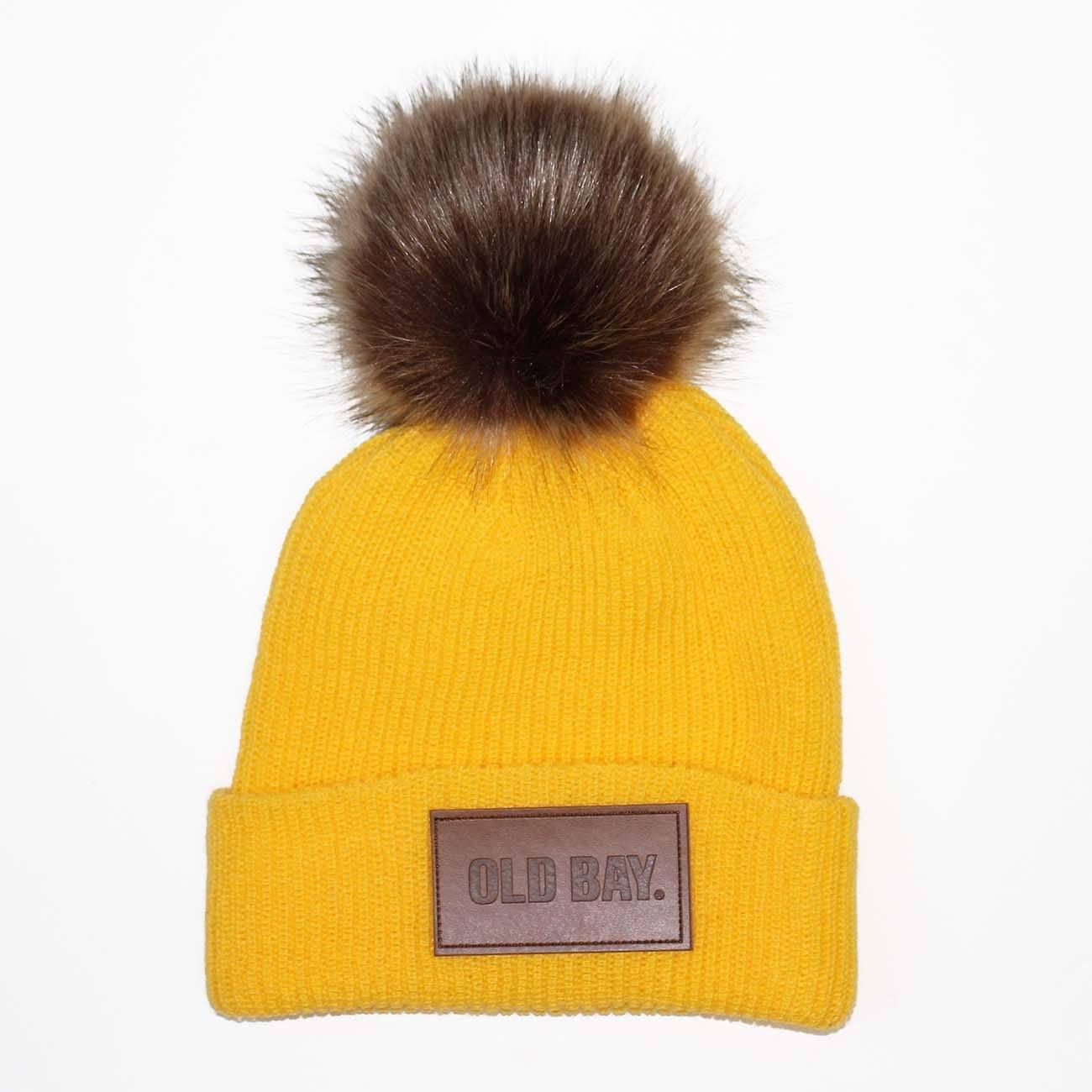 OLD BAY Leather Patch (Yellow w/ Fur Pom) / Slouchy Knit Beanie Cap