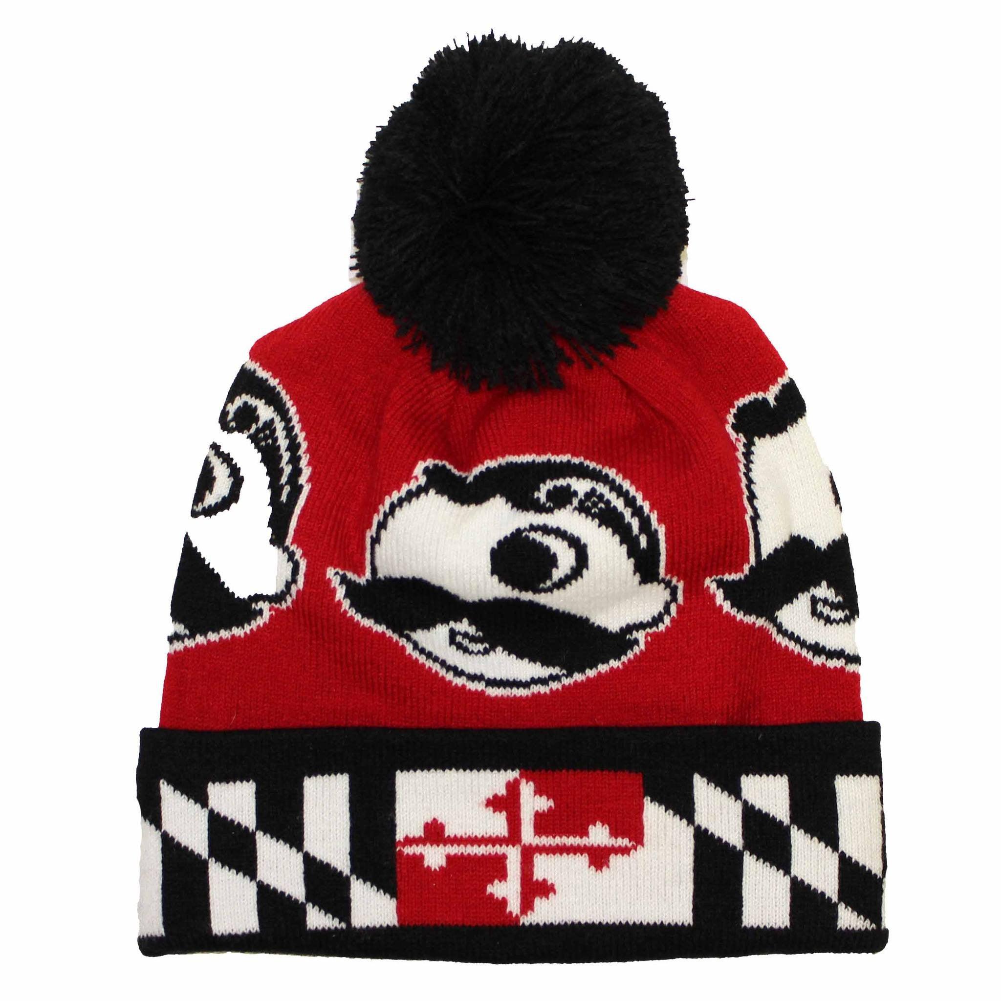 Boh Logo w/ Maryland Flag Brim (Red w/ Black Pom) / Knit Beanie Cap