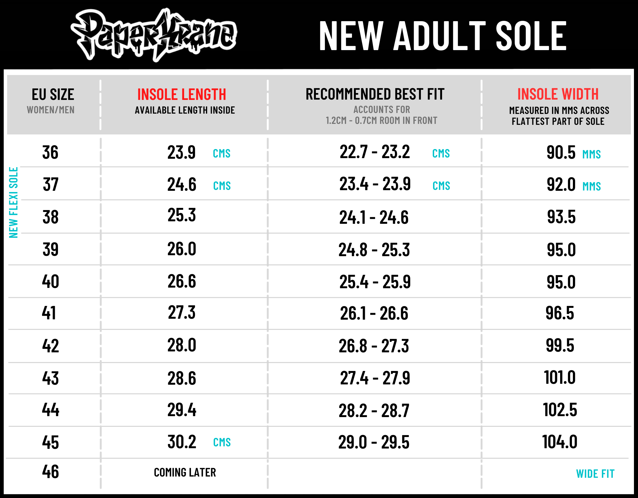NEW ADULT SOLE SIZE CHART