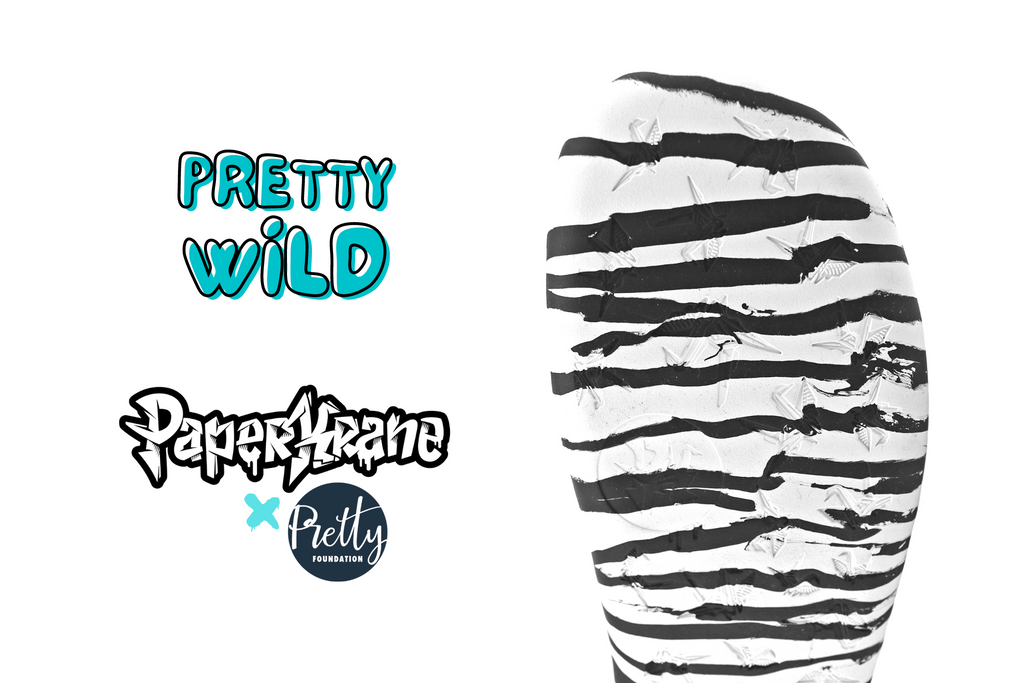 PaperKrane Zebra flexi sole, with pretty wild, and Pretty Foundation logo