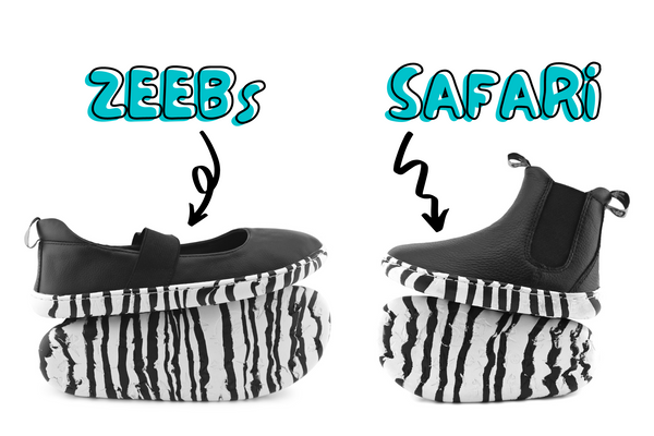 A side on image of the ZEEBs mary jane and the SAFARI chelsea boots, with their names above.