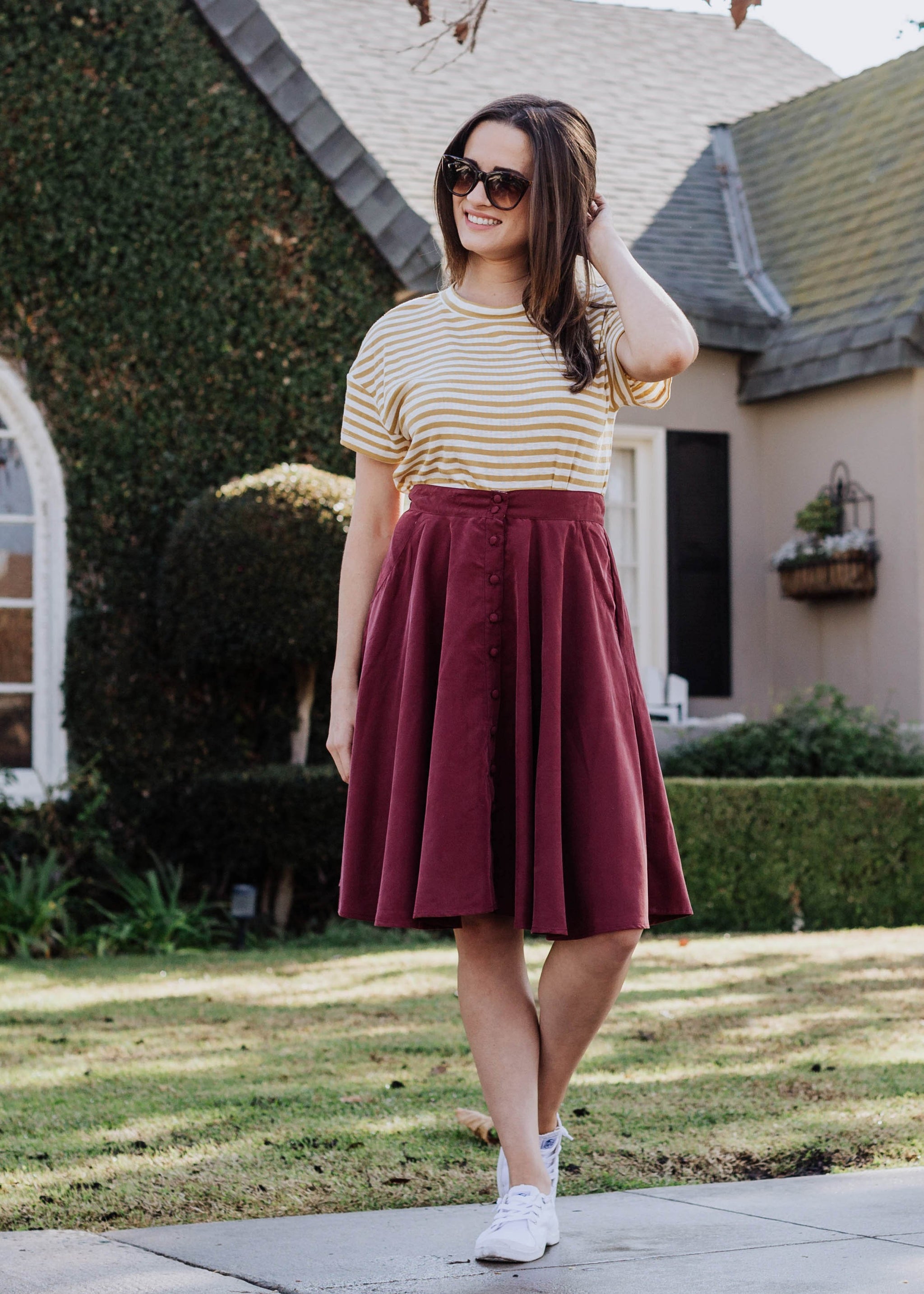 maroon button down skirt