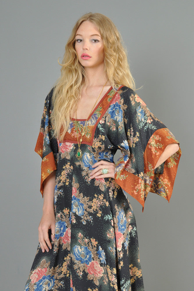 Bohemian 1970s Kimono-Sleeved Maxi Dress With Scarf Hem | BUSTOWN MODERN