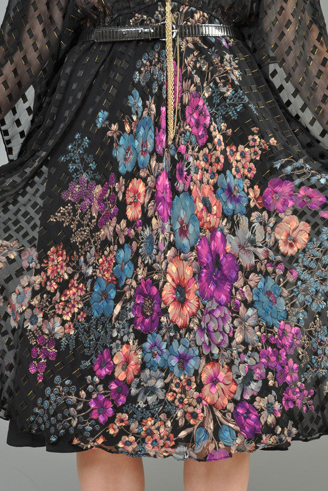 Sheer 1970s Metallic Silk Dress with Kimono Sleeves & Florals | BUSTOWN ...