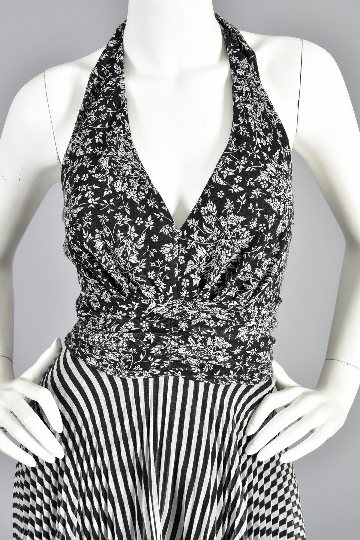 1970s Black + White Graphic Op Art Floral + Striped Gauze Maxi Dress ...