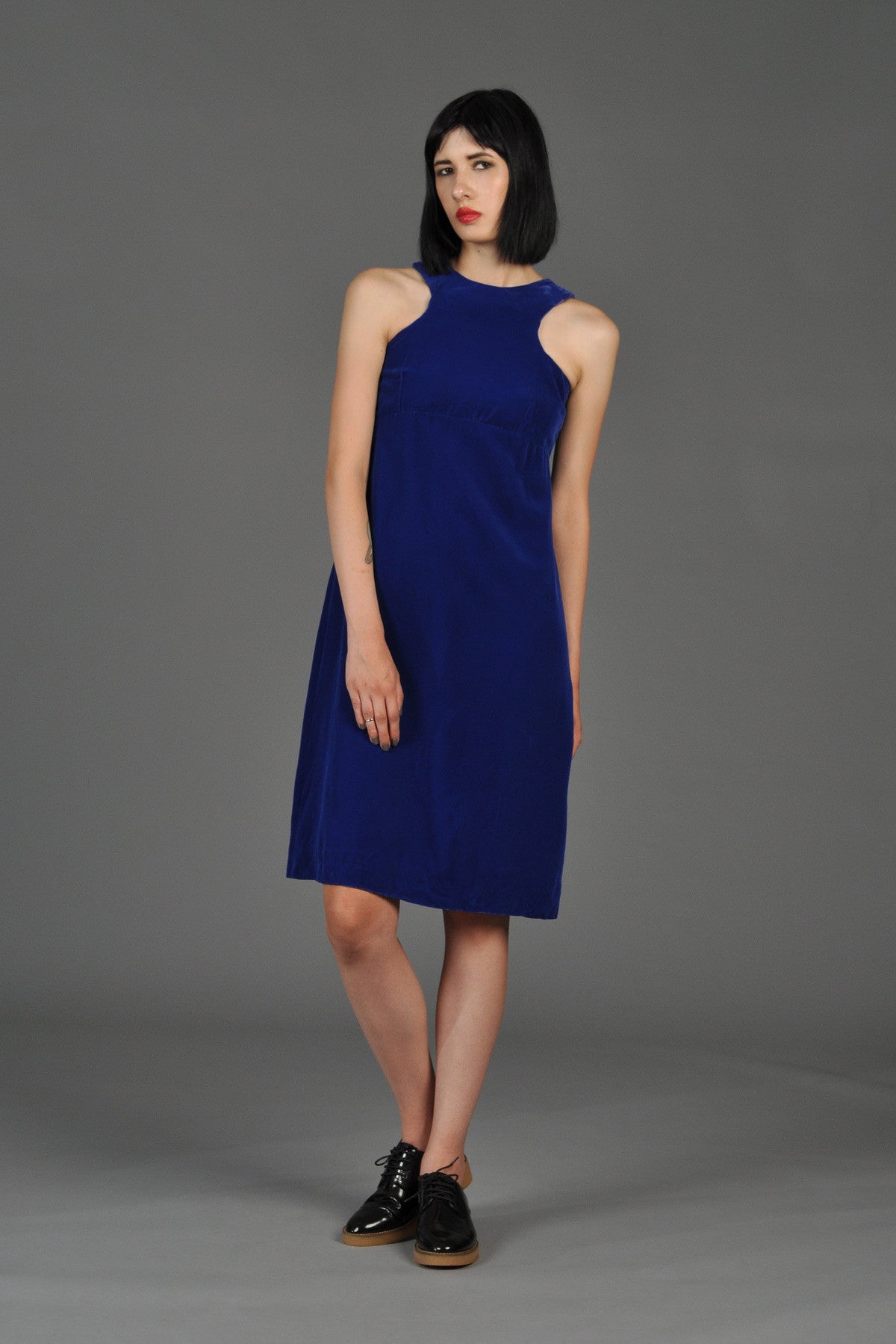 60s Royal Blue Velvet Dress w/ Structured Neckline | BUSTOWN MODERN