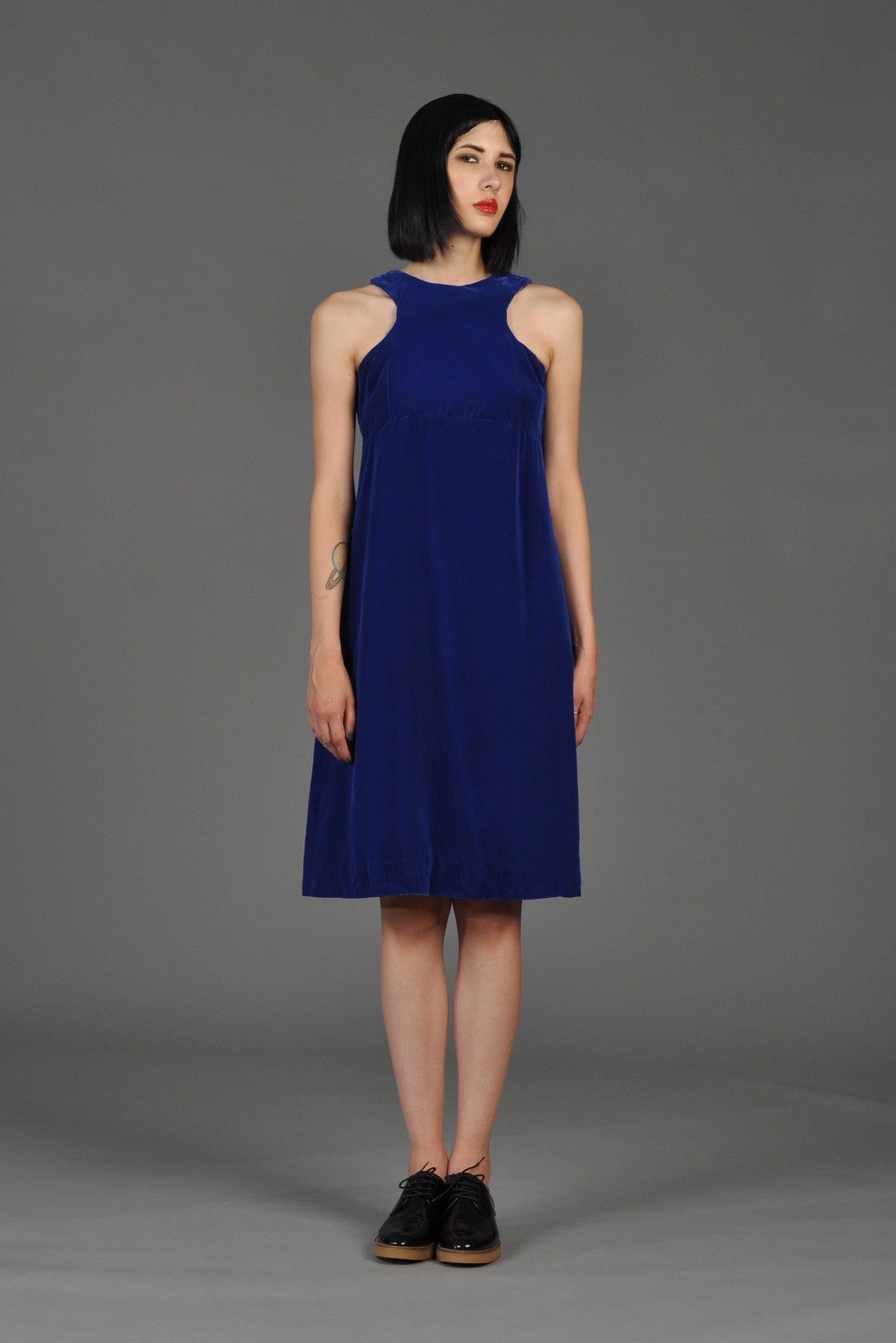 60s Royal Blue Velvet Dress w/ Structured Neckline | BUSTOWN MODERN