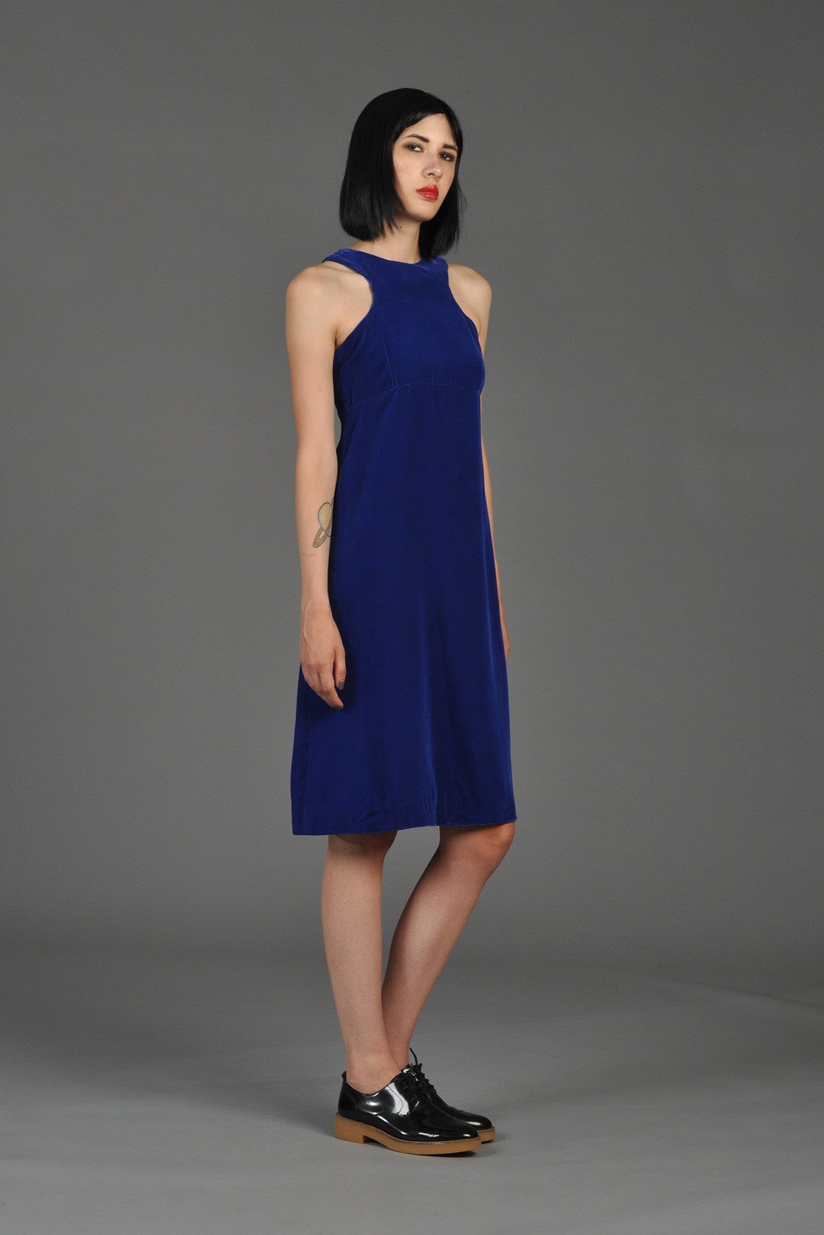 60s Royal Blue Velvet Dress w/ Structured Neckline | BUSTOWN MODERN
