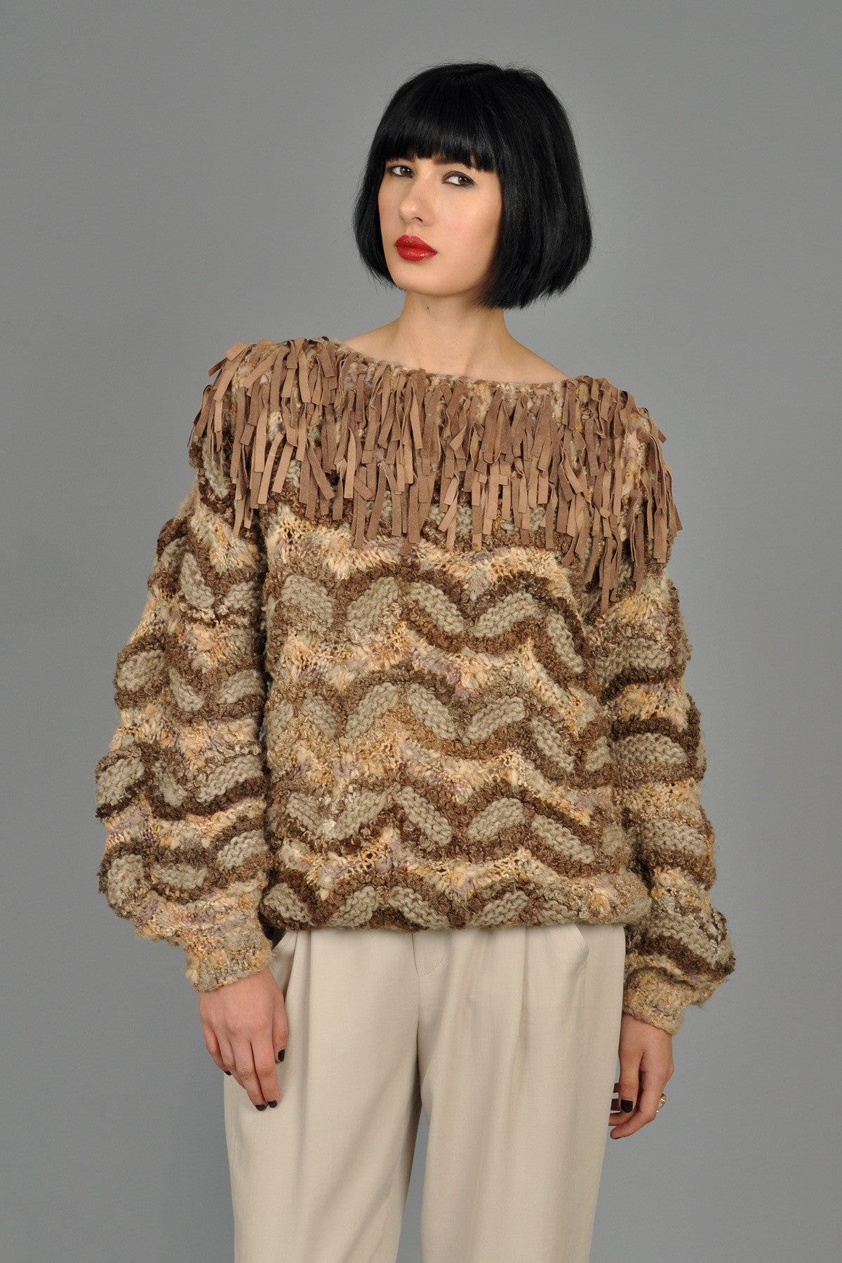 1980s Hand Knit Chunky Sweater with Suede Fringe | BUSTOWN MODERN
