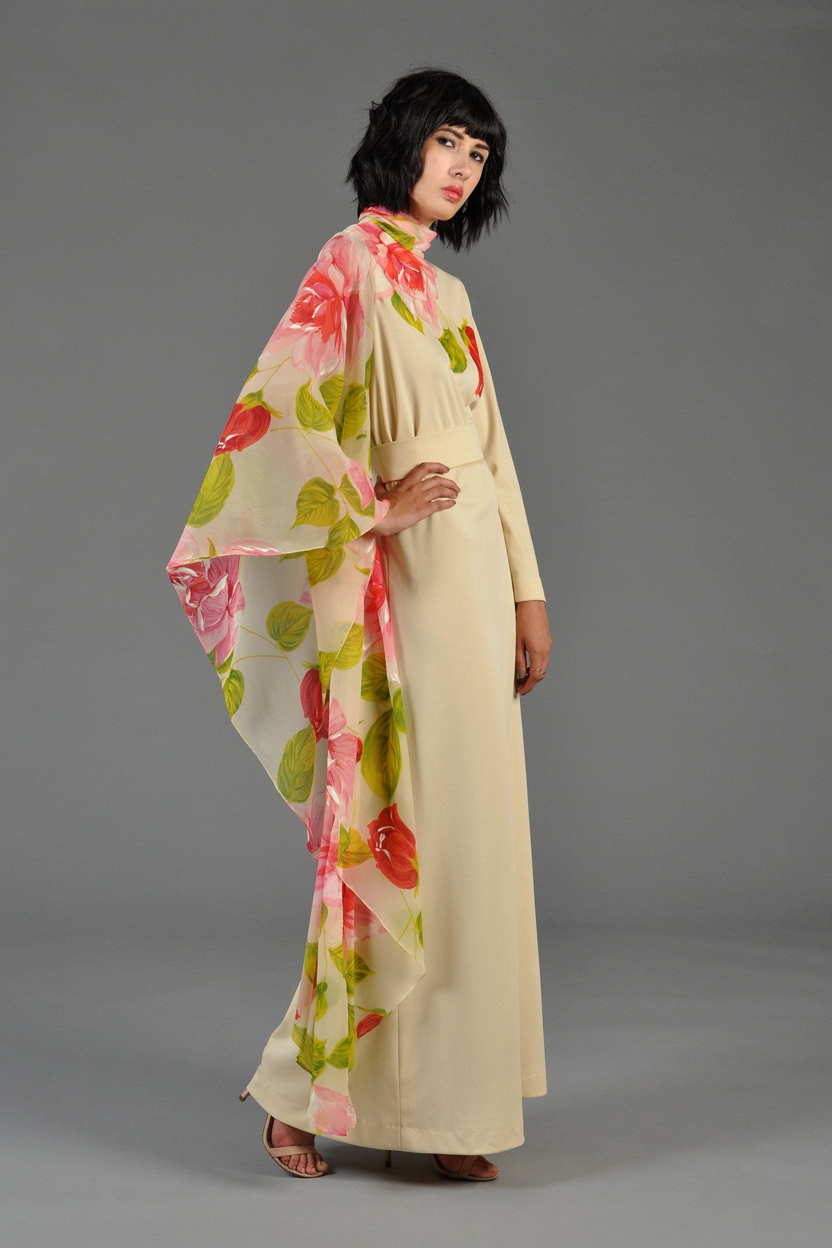 1970s Cream Gown with Single Floral Chiffon Sleeve | BUSTOWN MODERN