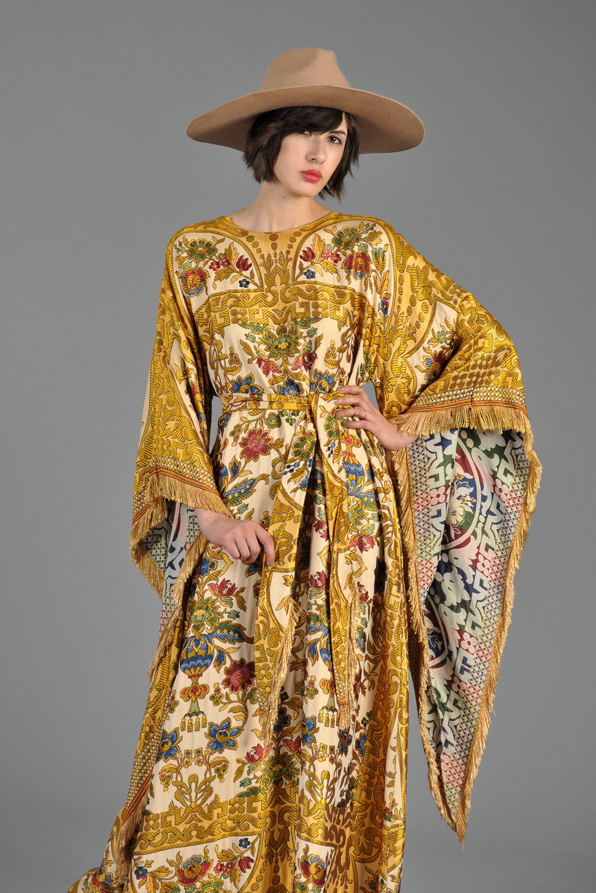 Embroidered 1970s Tapestry Caftan w/Angel Sleeves + Fringe | BUSTOWN MODERN