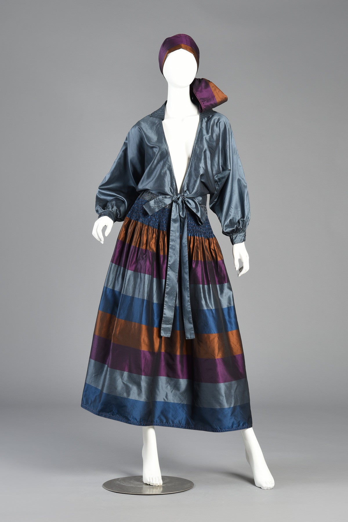 1970s Metallic Striped Silk Skirt + Blouse Dress Ensemble | BUSTOWN MODERN