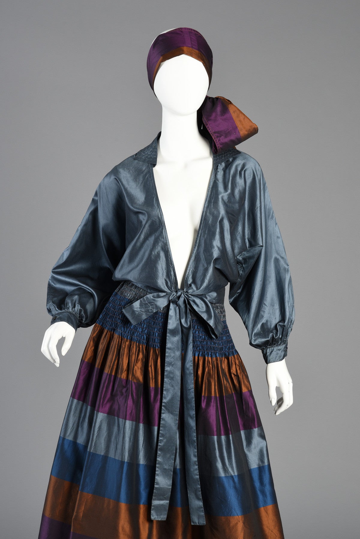 1970s Metallic Striped Silk Skirt + Blouse Dress Ensemble | BUSTOWN MODERN