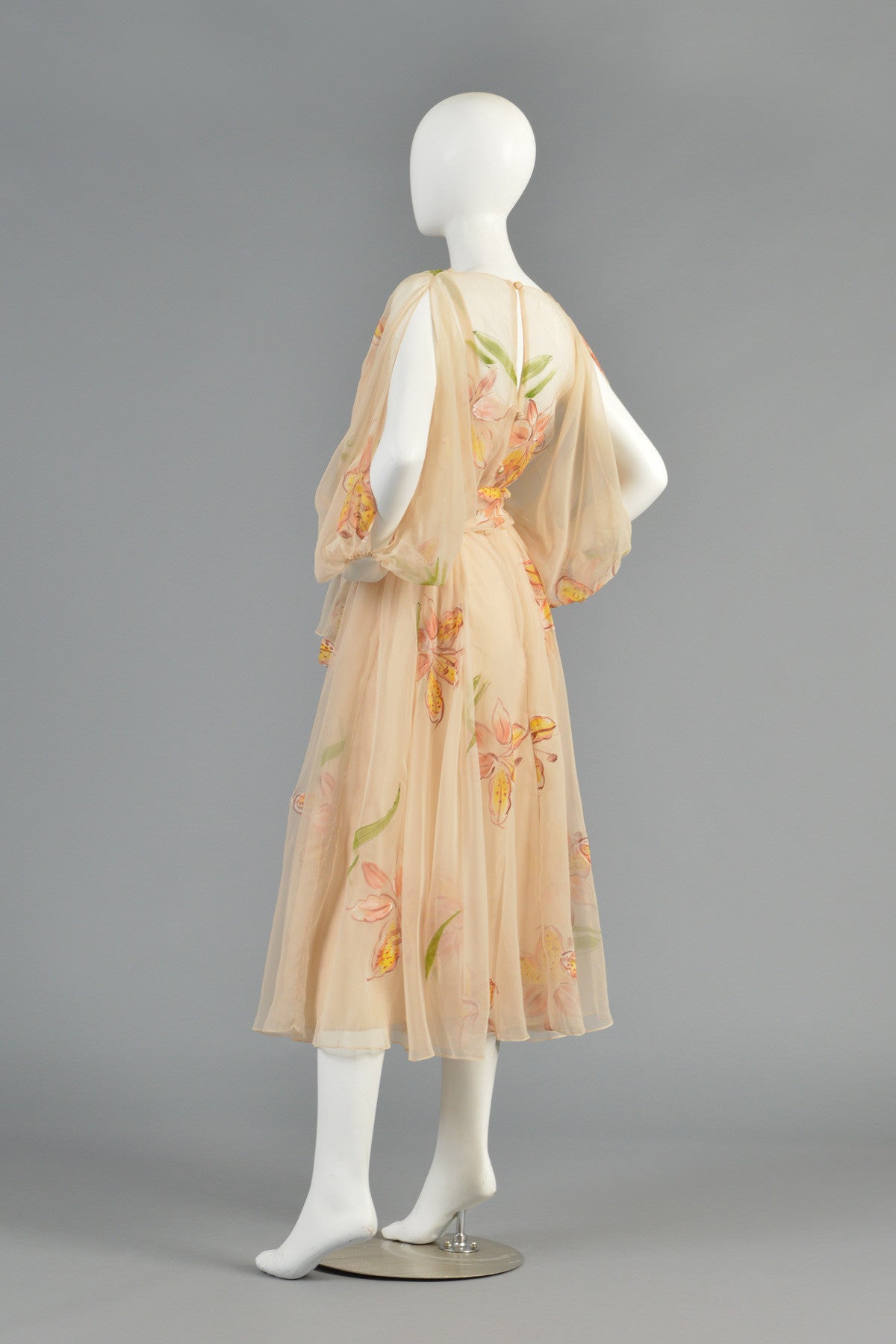 Mignon 70s Hand Painted Floral Chiffon Dress w/Open Sleeves | BUSTOWN ...