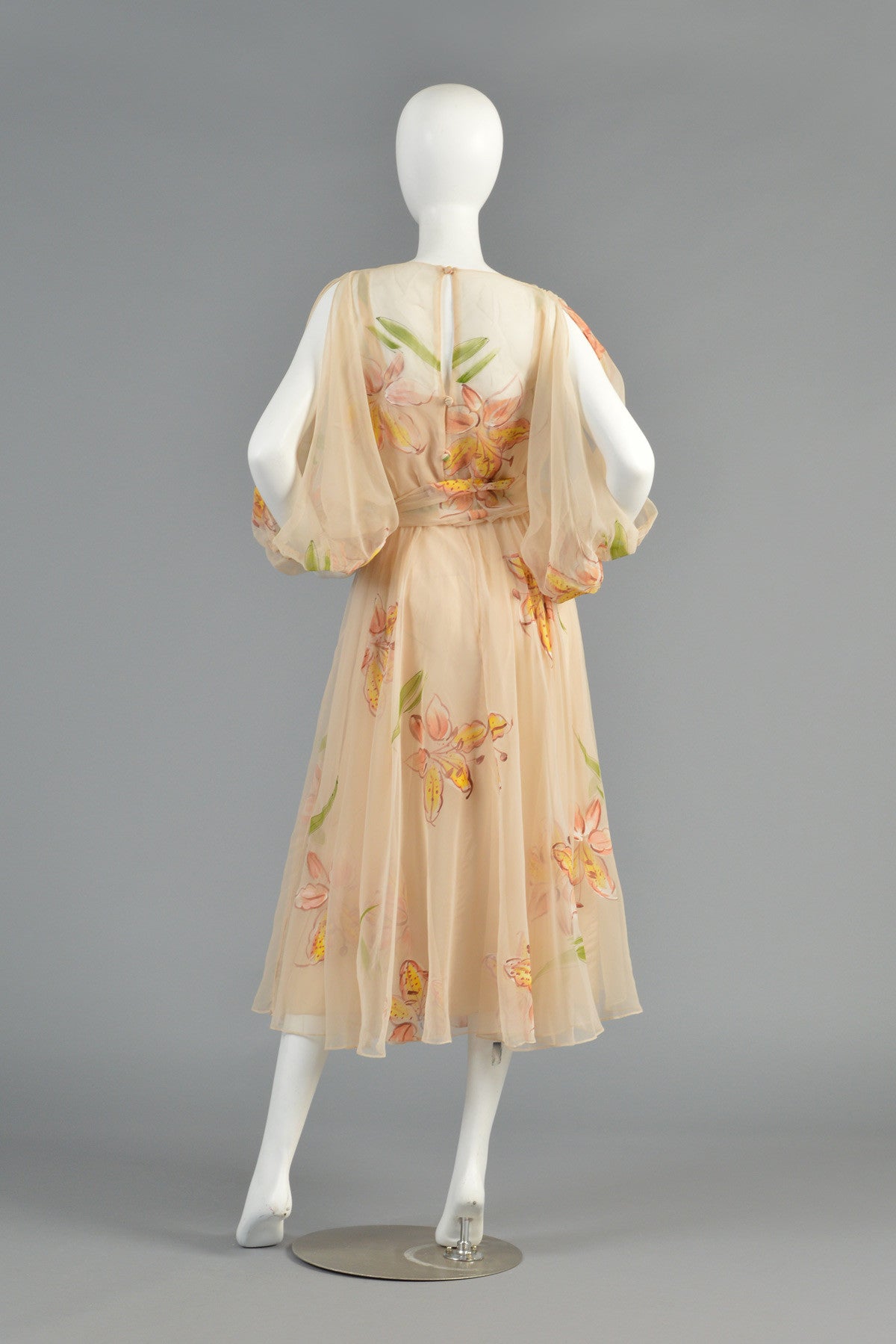 Mignon 70s Hand Painted Floral Chiffon Dress w/Open Sleeves | BUSTOWN ...