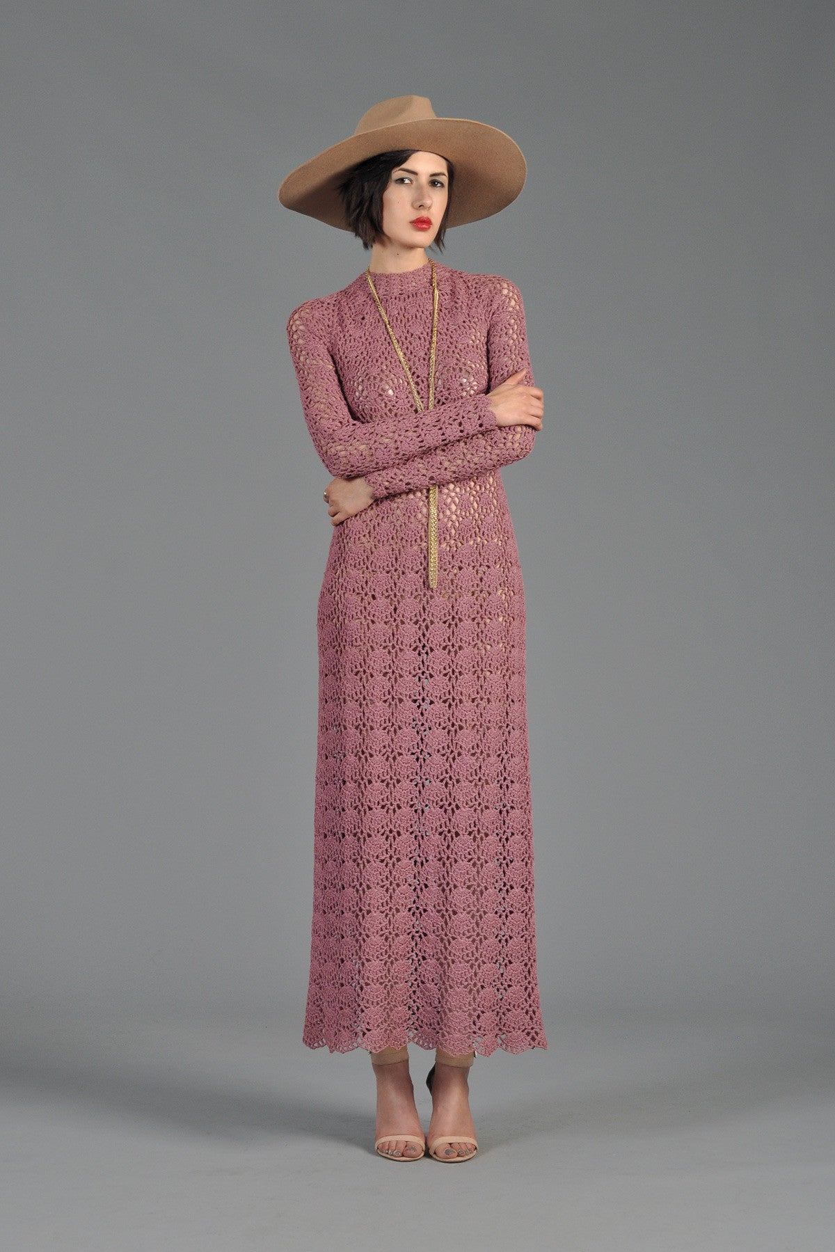 1970s Mauve Crochet Maxi Dress with Open Back | BUSTOWN MODERN