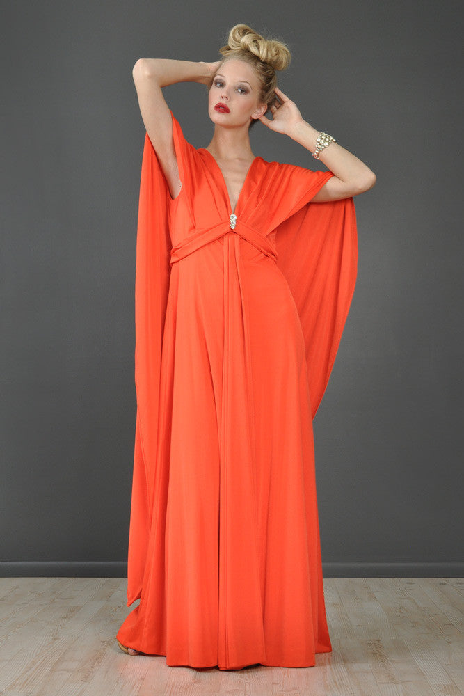 Estevez 1970s Poppy-Colored Cape-Backed Gown | BUSTOWN MODERN