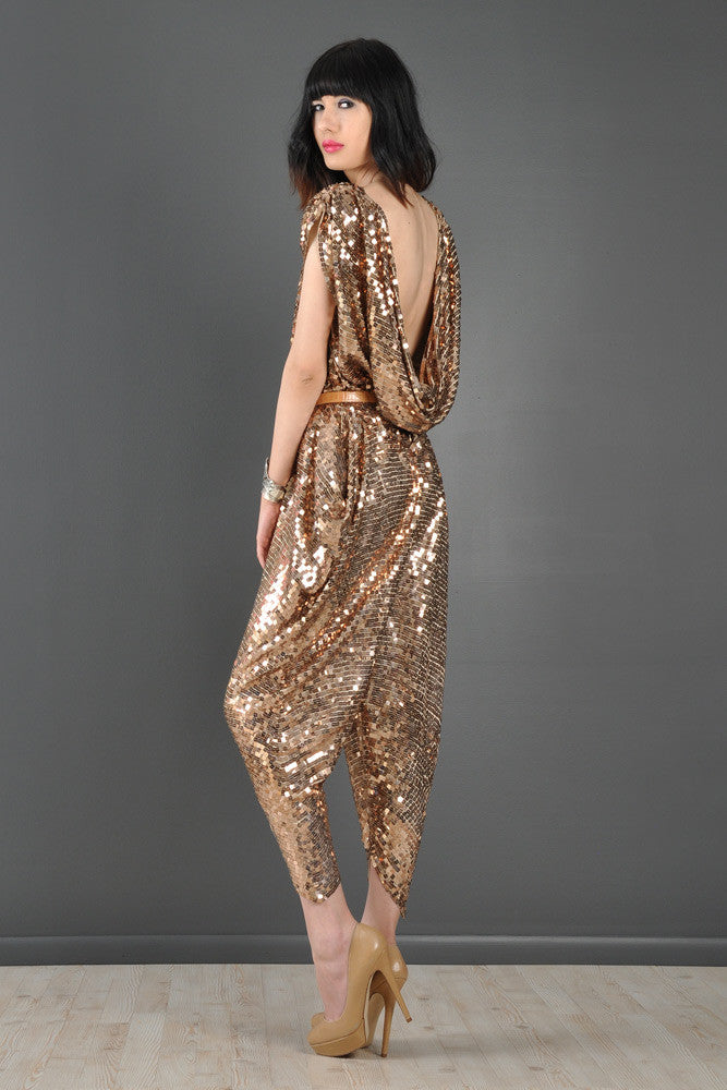 Sequin Encrusted Backless Draped Disco Jumpsuit | BUSTOWN MODERN