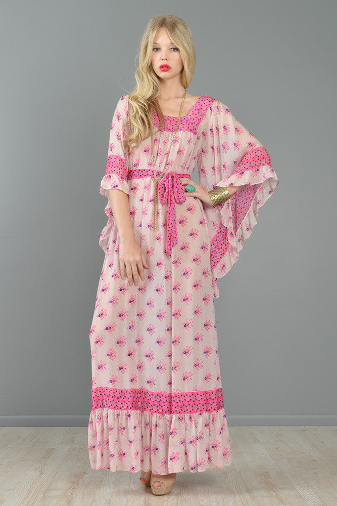 Angel-Sleeved Art Nouveau Silk India Maxi Dress | BUSTOWN MODERN