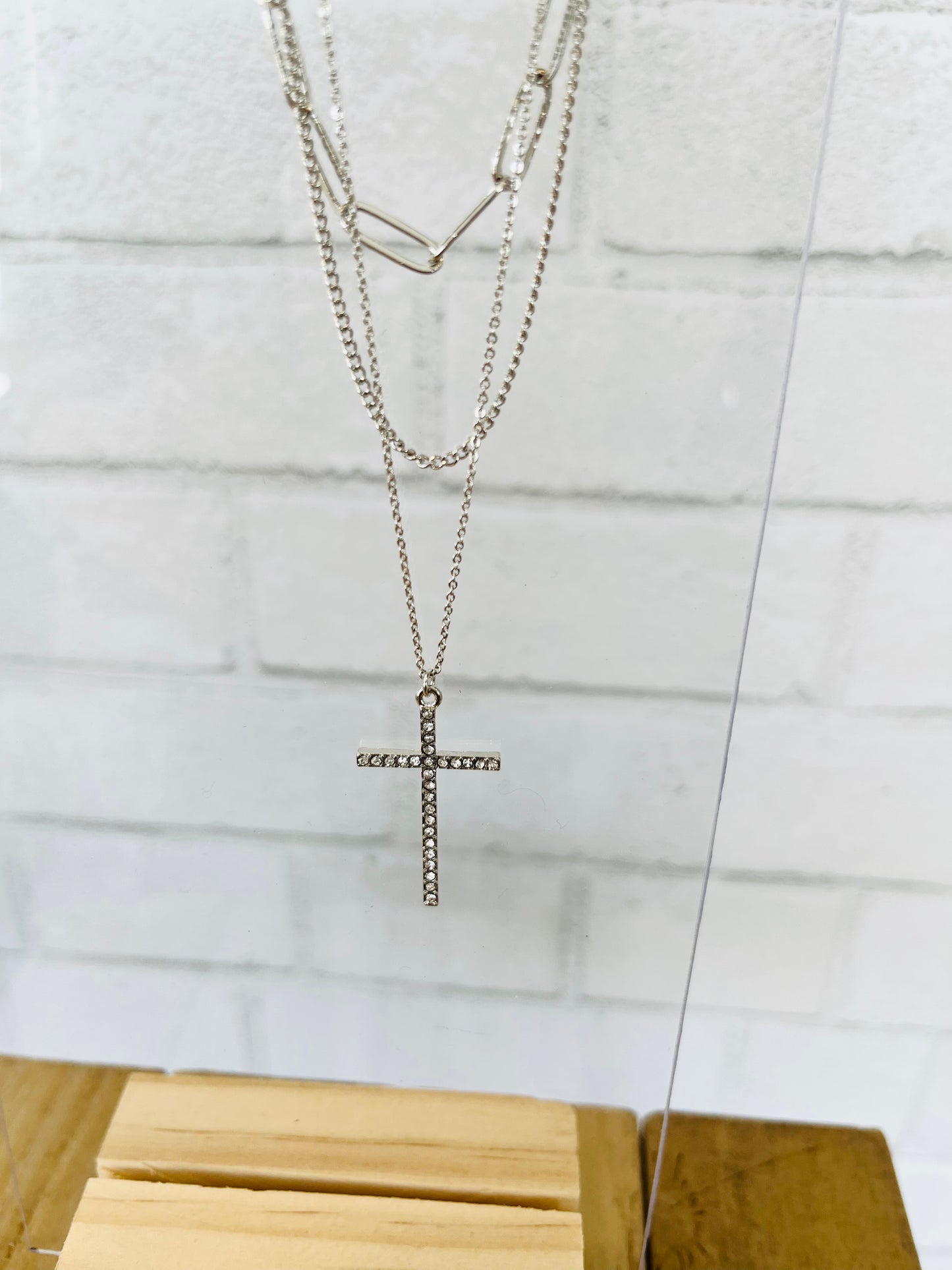 Silver Triple Layered Chain and Rhinestone Cross Necklace