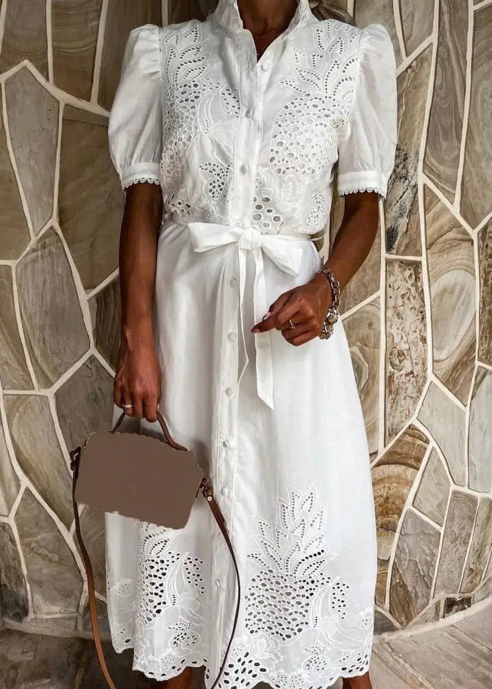 Robe longue bleu ciel chemise avec broderie thumbnail