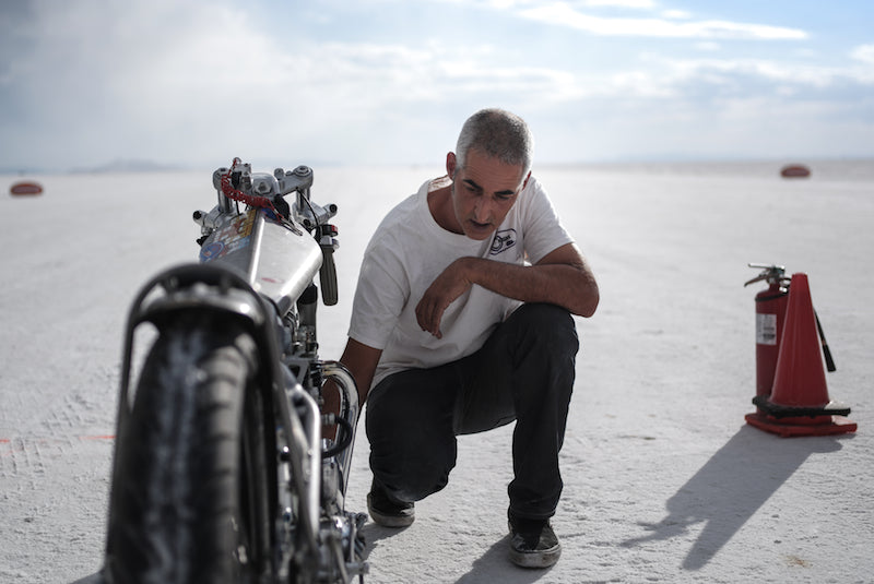 Dan at Bonneville with Vintage gas Triumph