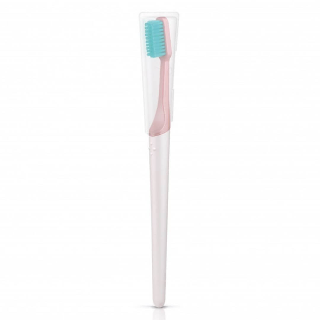 Nachhaltige Zahnbürste mit Wechselkopf und Reiseetui, Farbe pink