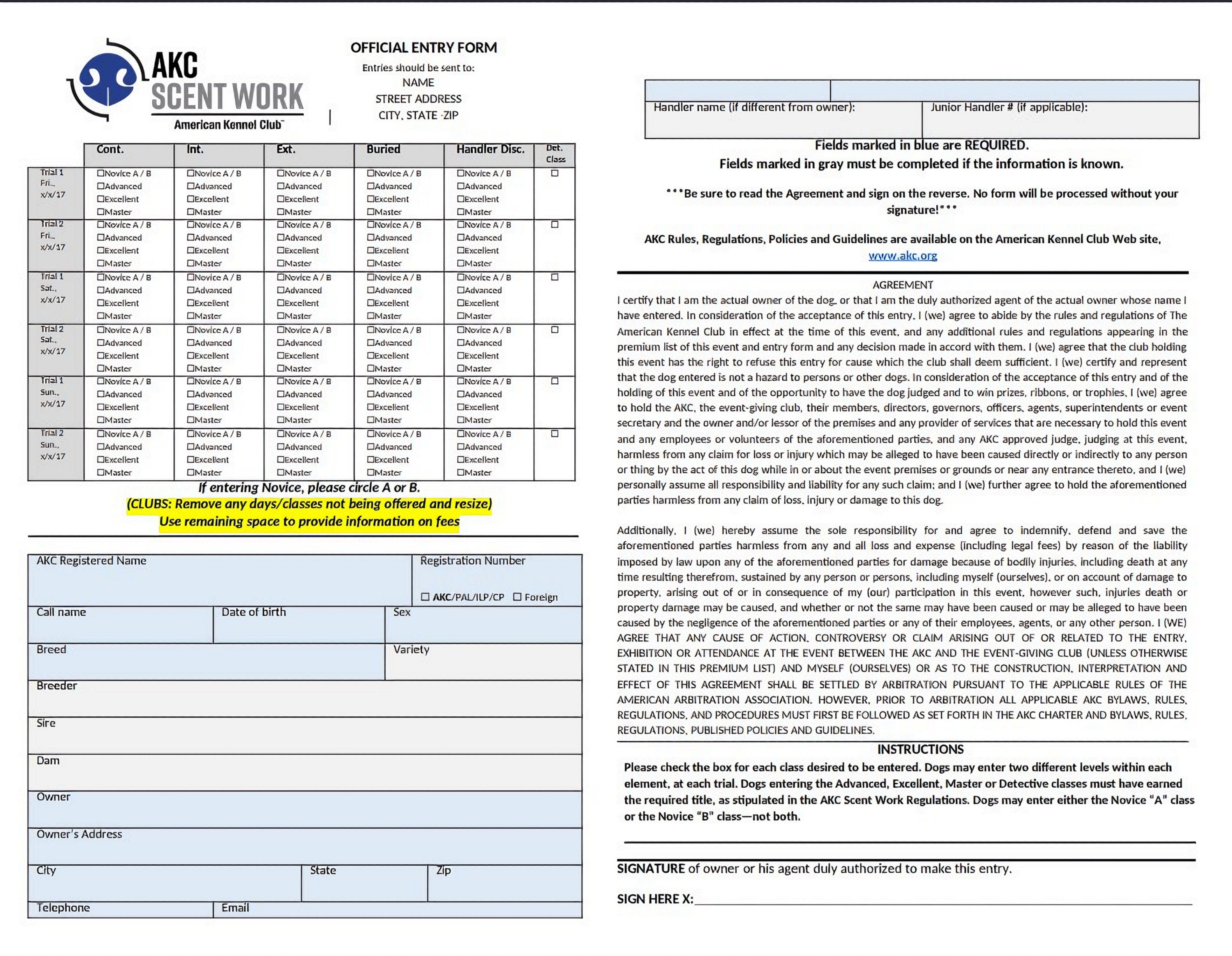 AKC American Kennel Club Scent Work Entry Form