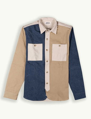 Cuisse de Grenouille Beige Ecru Slate Blue Colorblock Twill Paris Over Shirt - WITTMORE