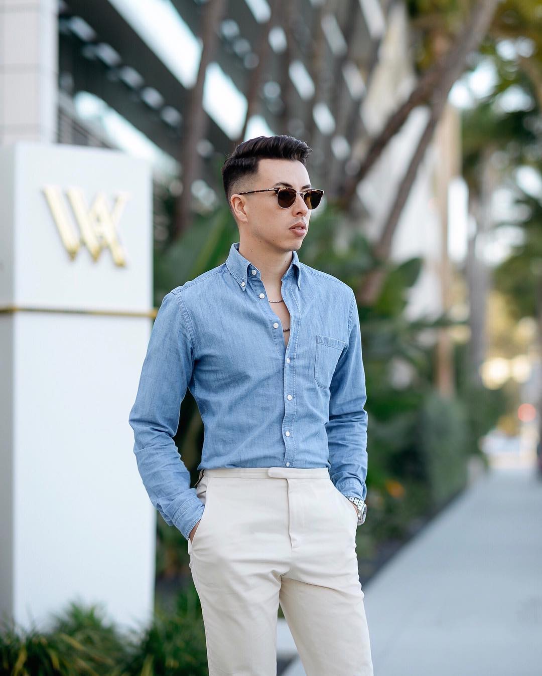 Beige Pants, Men's Outfit Designs With Dark Blue And Navy Denim Shirt, Wear  A Linen Shirt | Navy blue