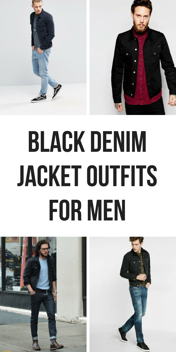 Black Crew-neck T-shirt with Black Denim Jacket Outfits For Men