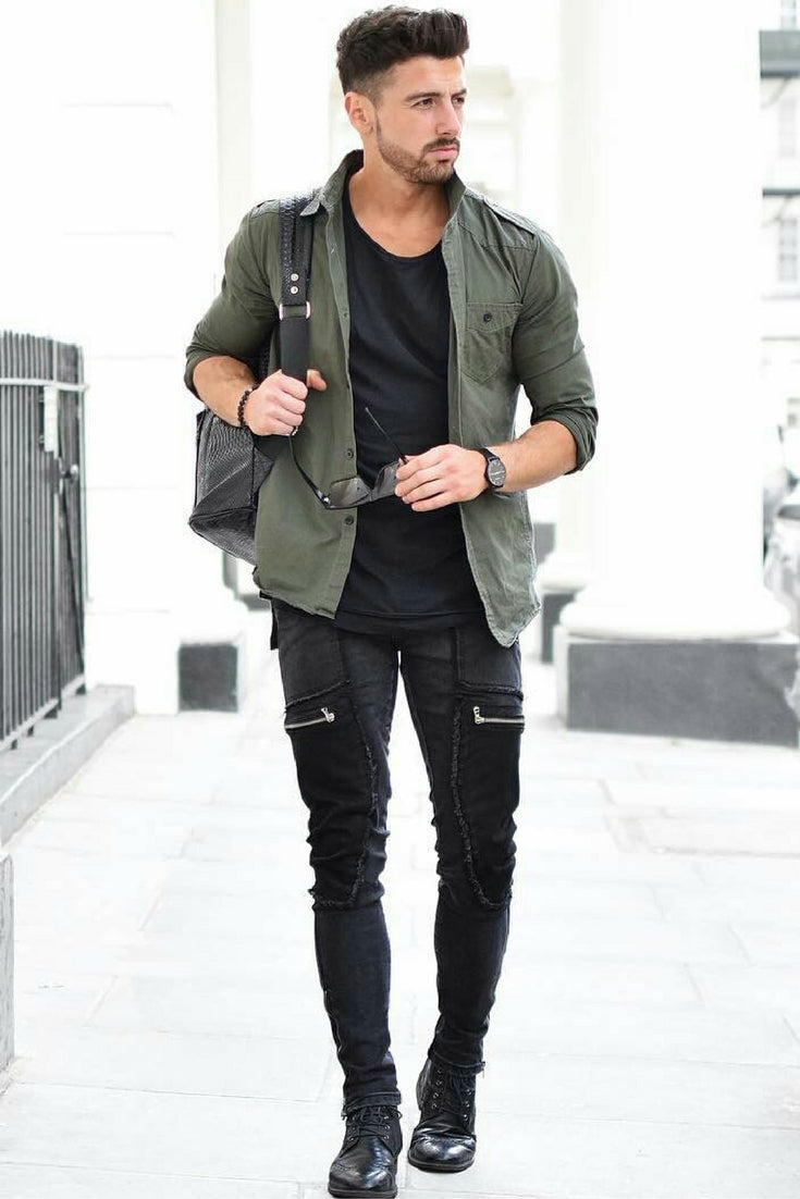 green skinny jeans black shoes men