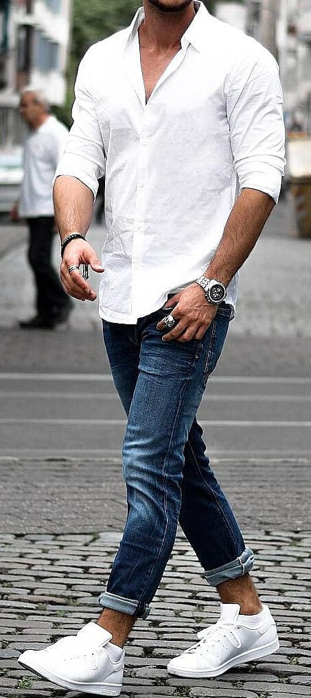white shirt dark jeans