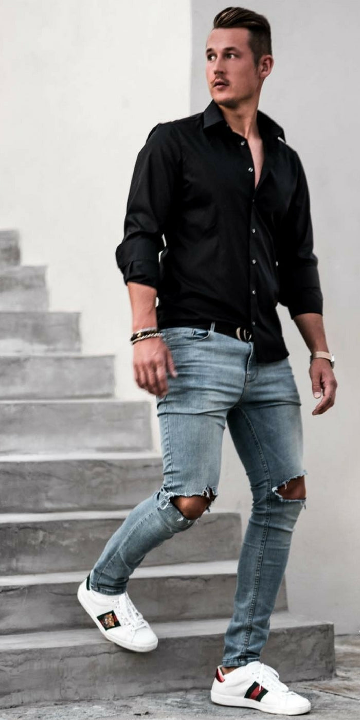 t shirt and ripped jeans
