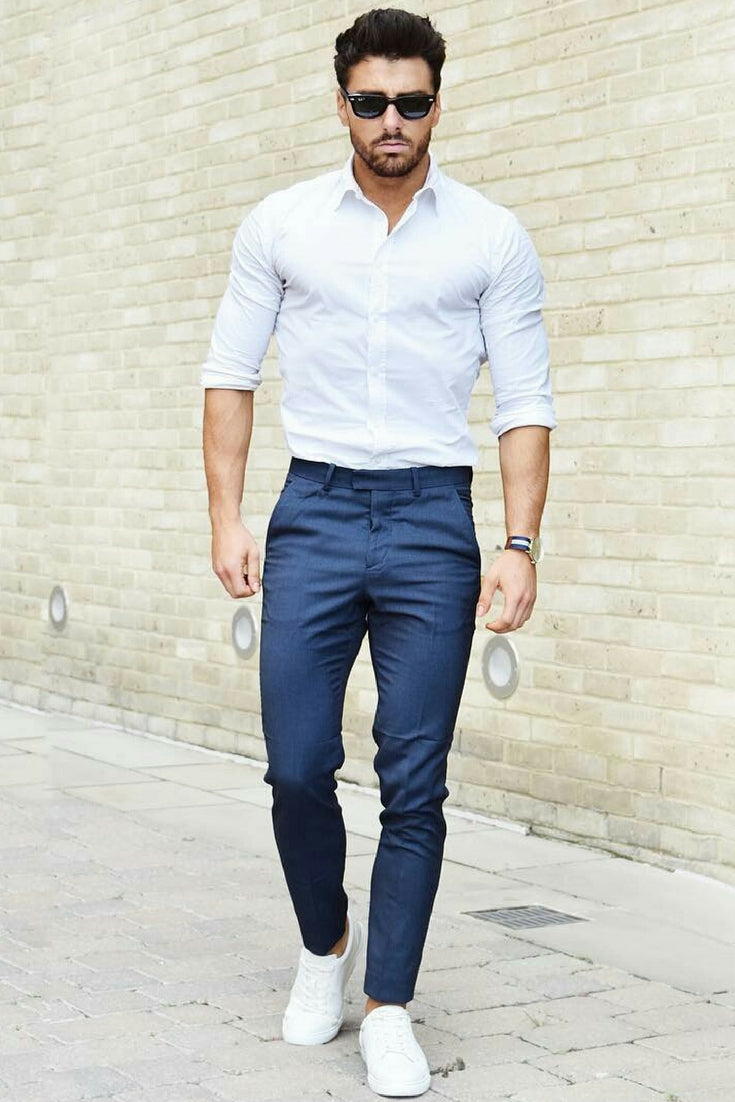 navy pants and white shirt outfit for men